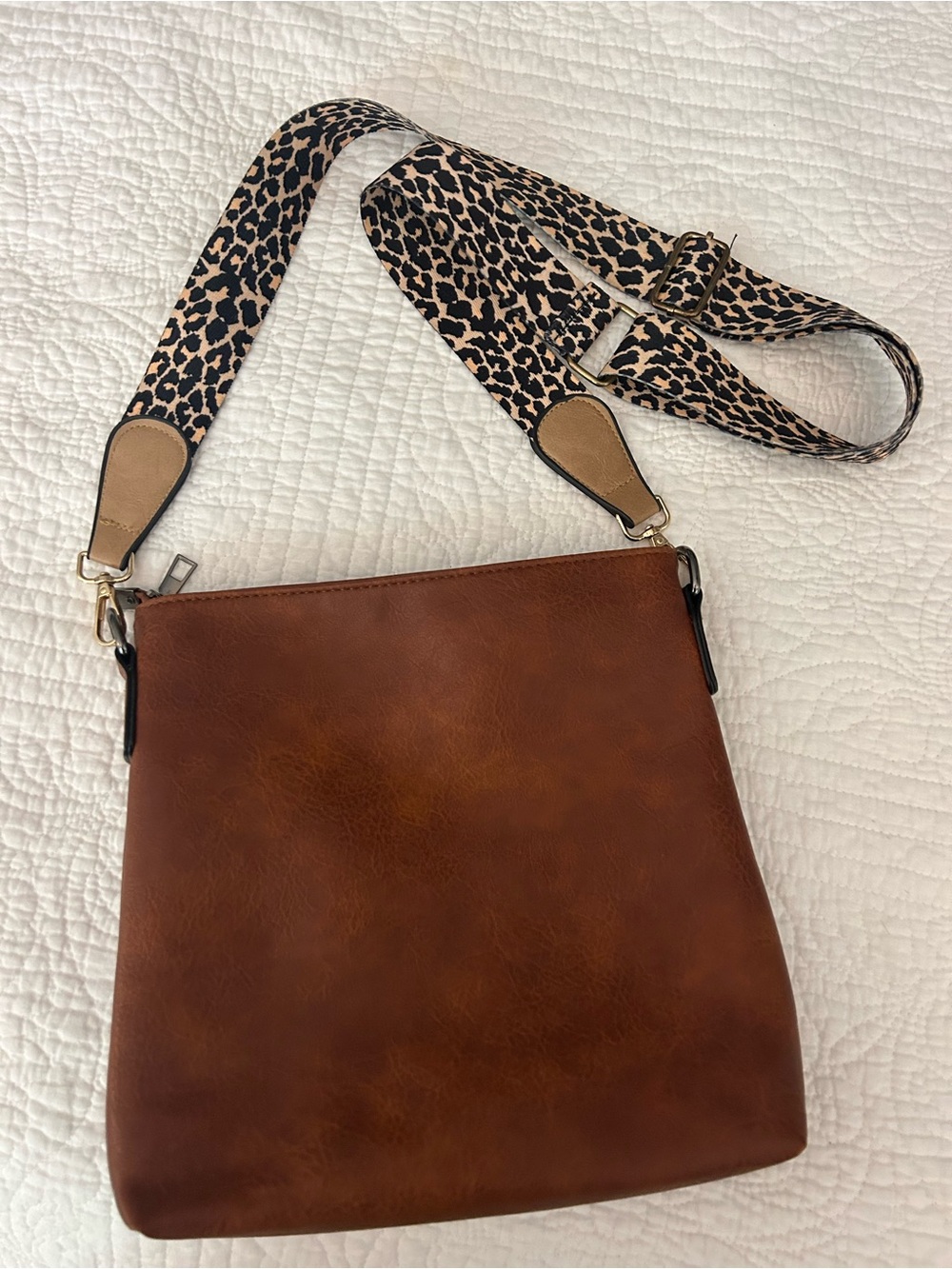 Leather Crossbody Bag with Leopard Strap - Brown